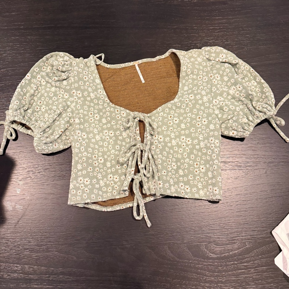 Free People Green Floral Puff Sleeve Blouse